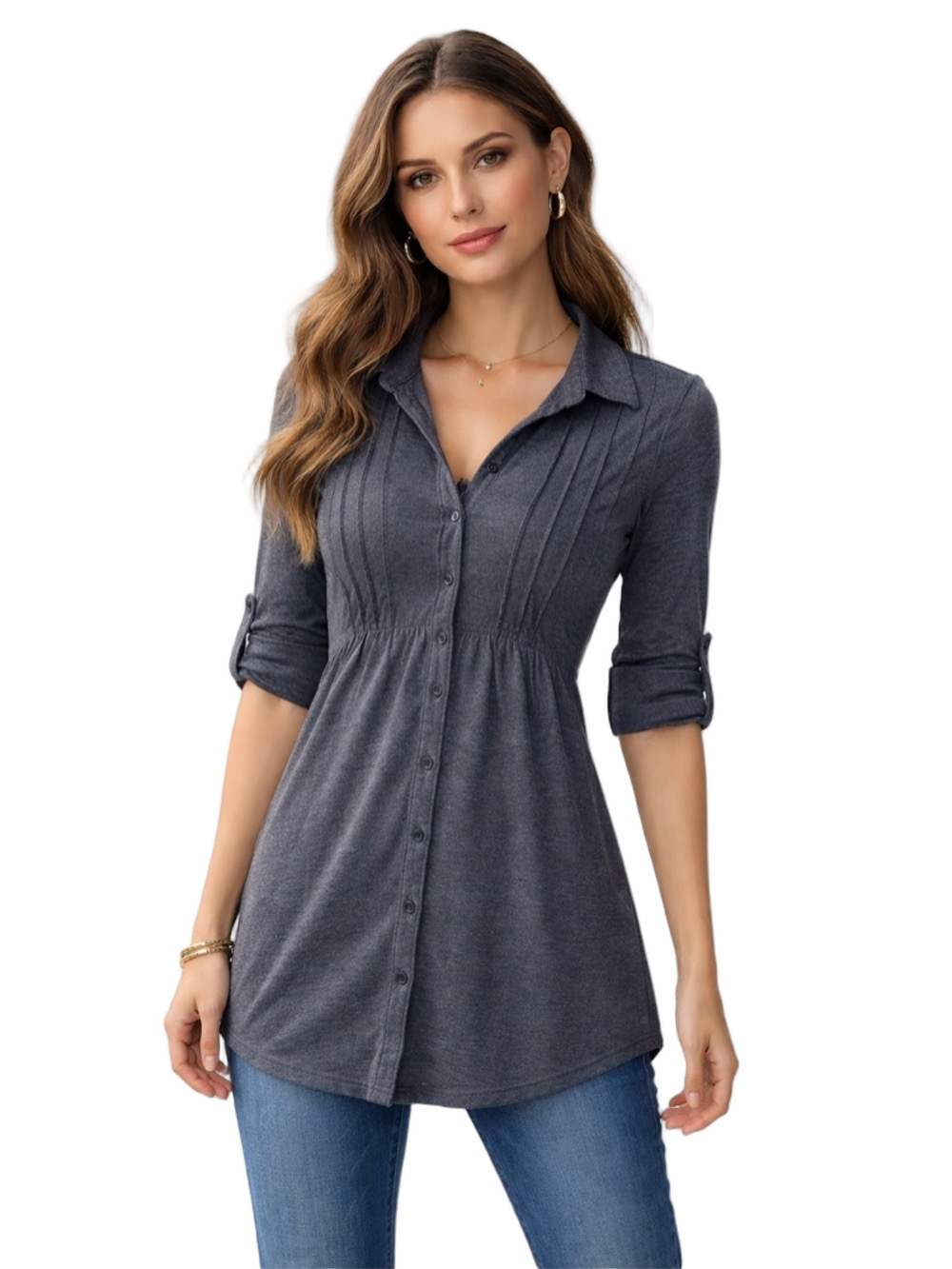 grey union bay shirt button down with 3/4 sleeve blouse